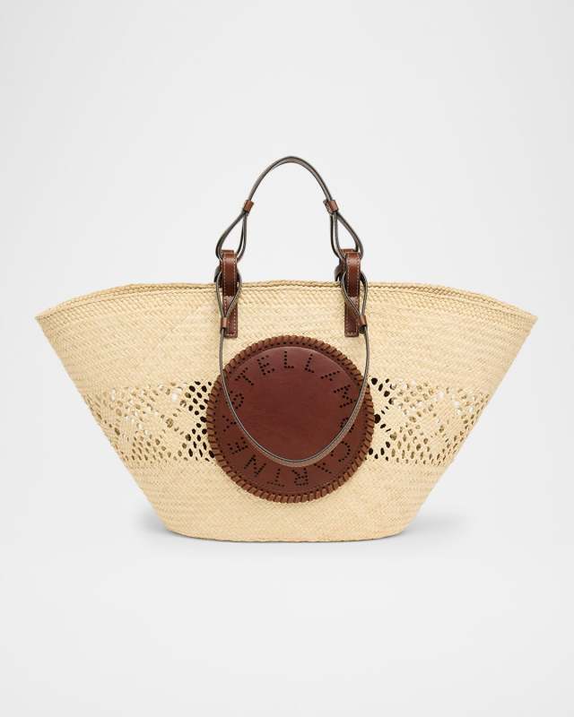 Small Logo Raffia Basket Tote Bag